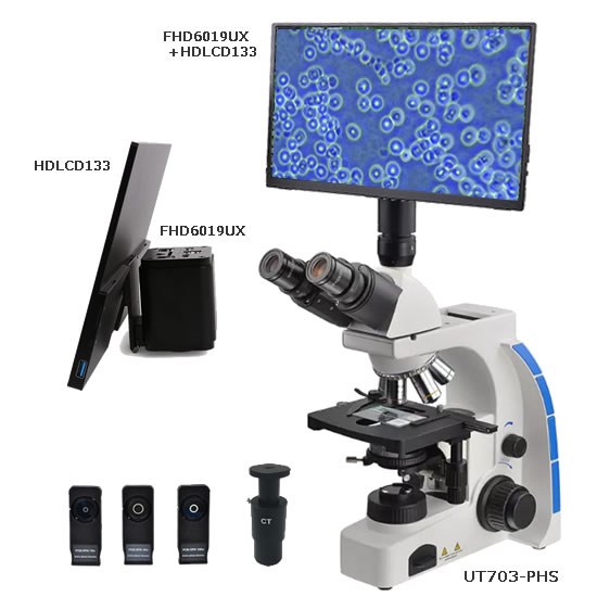 【UT703-PHS】位相差・暗視野 生物顕微鏡／1080p-LCDモニター付HDMIカメラセット