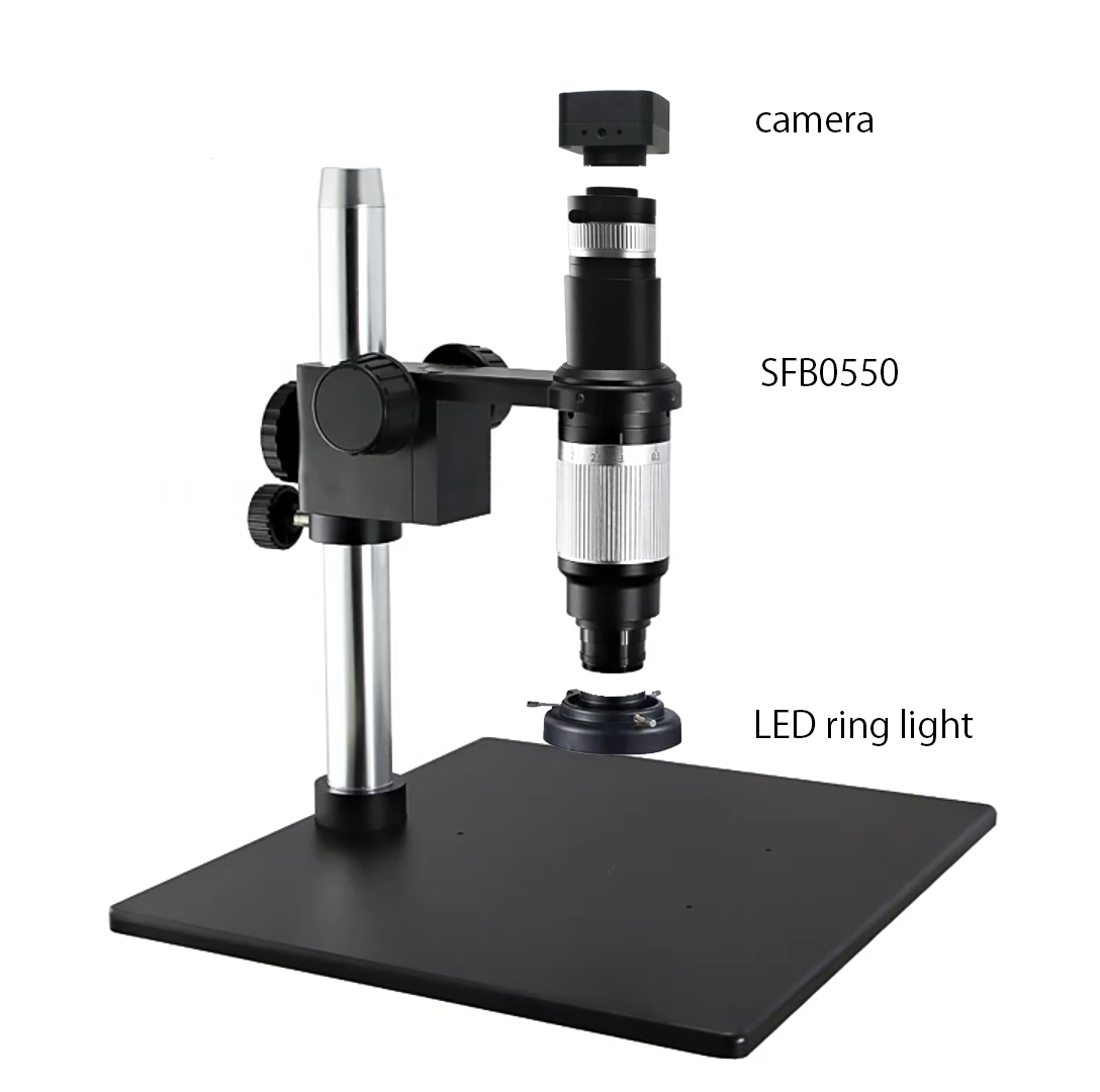 【SFB0550】アポクロマート仕様-単眼ズームデジタル顕微鏡/パラレル光学系/LEDリングライト/標準スタンド/4Kカメラ